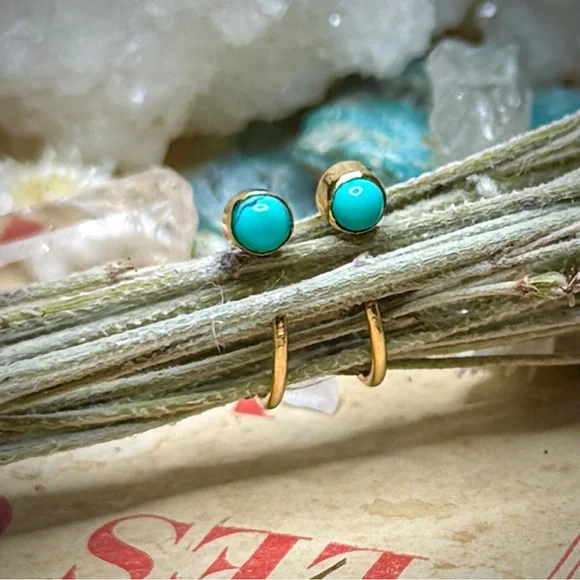 18k Gold Plated Sterling Silver Dry Creek Turquoise Huggie Hoop No Back Earrings - Picture 9 of 11